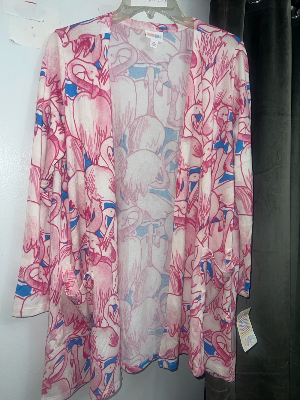 New Lularoe Pink Blue Flamingo Print Open Front Cardigan Medium